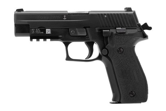 9mm pistol with night sights and anchor engraving.